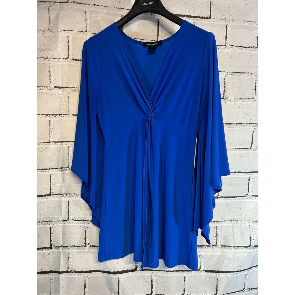 Ashley Stewart Royal Blue Angel Sleeve Twist Front Tunic Blouse Top Size 12